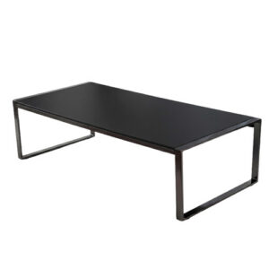 Table basse rectangulaire moderne en verre noir et structure métal
